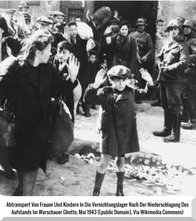 Abtransport von Frauen und Kindern in die Vernichtungslager nach der Niederschlagung des  Aufstands im Warschauer Ghetto, Mai 1943 ([Public domain], via Wikimedia Commons)